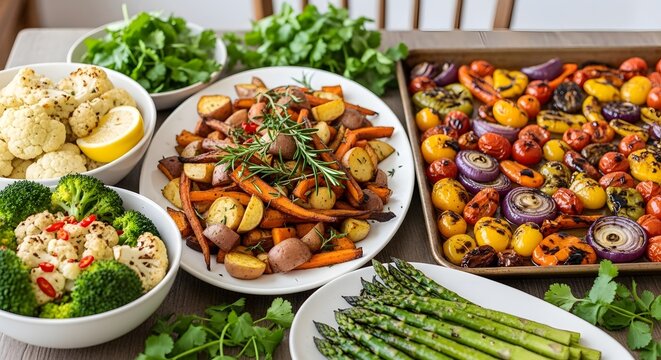 Assortment of Roasted Vegetables and Fresh Greens, A Healthy and Delicious Meal