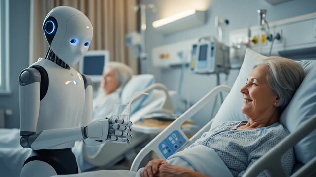 Futuristic healthcare robot tending to elderly patient in modern hospital ward
