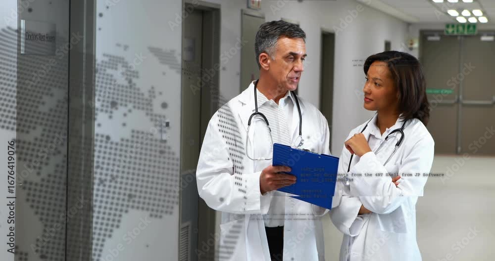 Poster doctors pointing at clipboard, analyzing hospital data by map panel animated chart showing trends