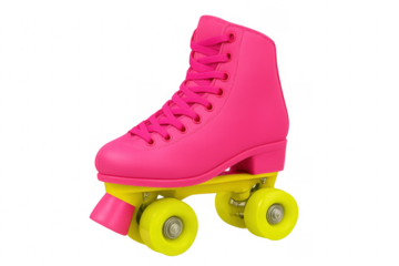 Pink roller skates with yellow wheels on transparent background