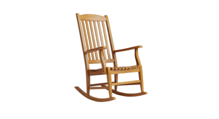 Classic wooden rocking chair with a high slatted back and armrests on a black background