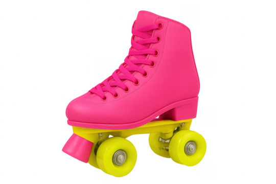 Pink roller skates with yellow wheels on transparent background