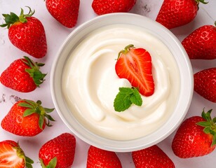 Delicious Creamy Yogurt with Fresh Strawberries and Mint Garnish