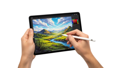 Artist s hands drawing a vibrant landscape on a digital tablet with a stylus