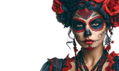 Sugar skull makeup. Halloween party, traditional Mexcan carnival, Santa Muerte Beautiful young woman cosume, painted face. Isolate on white background