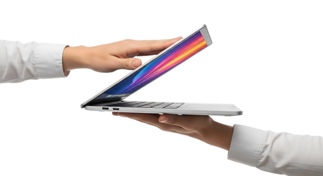 Two hands holding and opening a modern laptop against a black background - Powered by Adobe