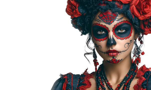 Sugar skull makeup. Halloween party, traditional Mexcan carnival, Santa Muerte Beautiful young woman cosume, painted face. Isolate on white background