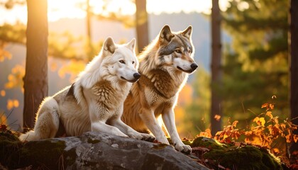 Two wolves sit on a rock, bathed in golden sunlight filtering through autumn trees