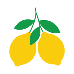 Two yellow lemons with green leaves are hanging against a white background