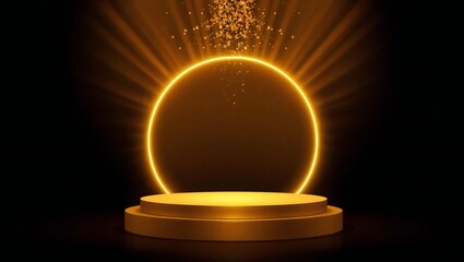 Golden oval neon stage with spotlight and glitter on black background