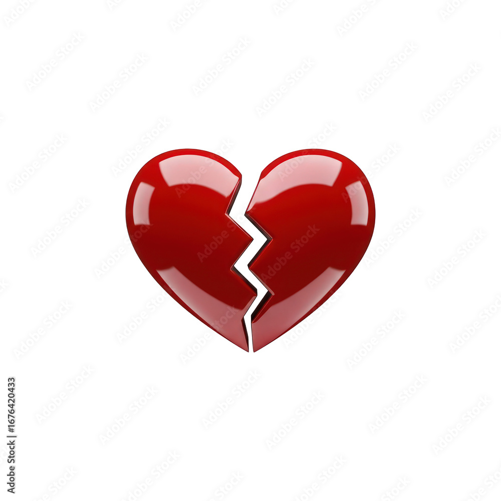 Fototapete a glossy red heart is split in two with a jagged black line on a black background in a digital rende