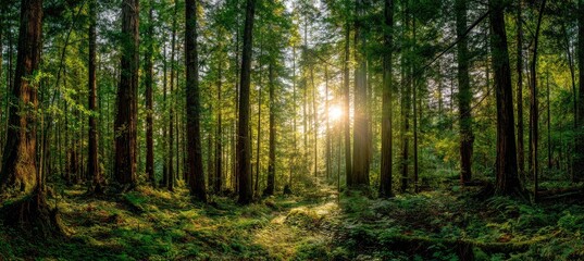 Fototapeta premium Sunlight filters through a dense forest of tall, slender trees, illuminating a mossy forest floor