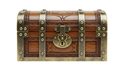 Antique wooden treasure chest with ornate brass fittings and lock