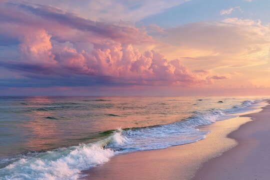 Sunset over a beach with pink clouds