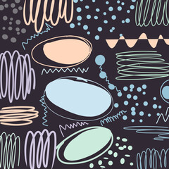 Abstract pastel shapes and lines on dark background.