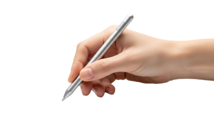 Close up of a hand holding a stylus pen against a black background
