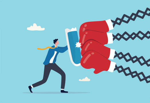 Business threat, fight to survive in business competition, resilience or adversity, challenge or survive to win, courage fighter concept, businessman hold shield to fight with multiple fighter punch.