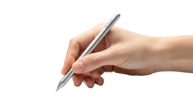 Close up of a hand holding a stylus pen against a black background