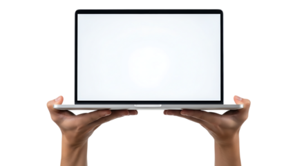 Hands holding open a laptop with a blank screen against a black background