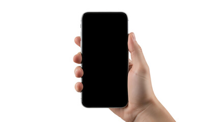 Hand holding a modern smartphone with a black screen against a dark background