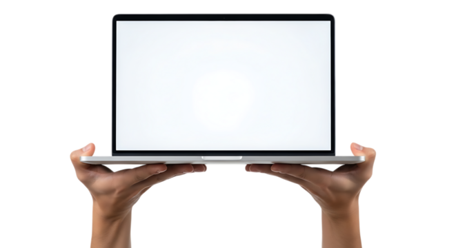 Hands holding open a laptop with a blank screen against a black background