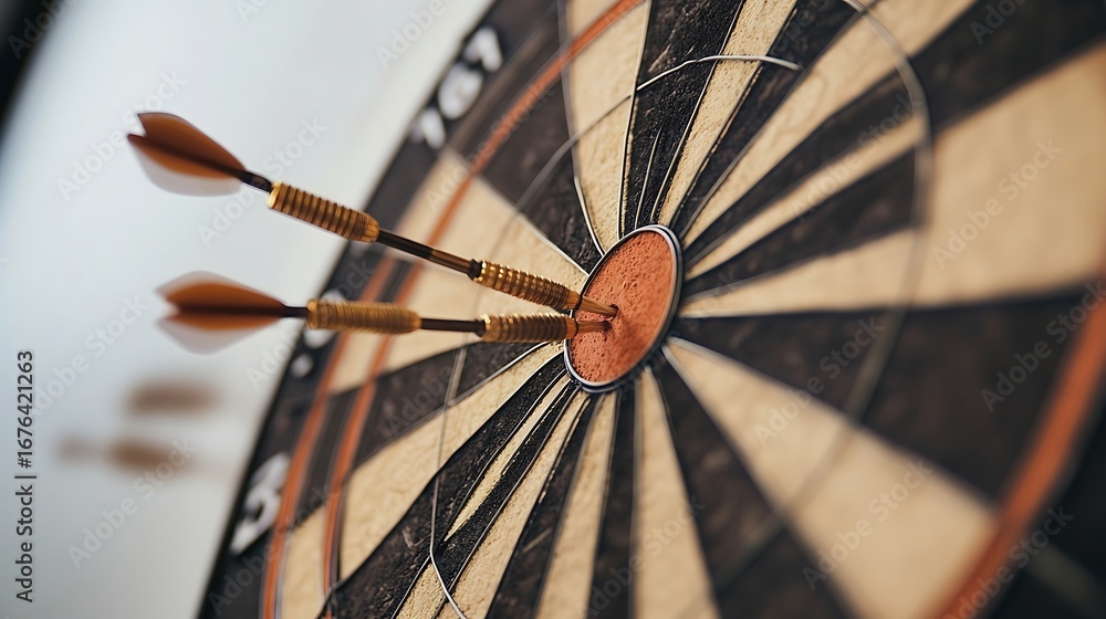 Poster dartboard target with golden darts hitting center bullseye for accuracy and precision