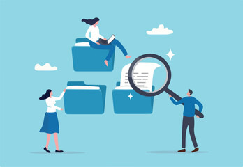 Document, content or research paper, documentation file folder storage, report or paperwork, search or file archive, office contract concept, business people working with paper document file folder. 