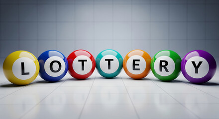 Colorful lottery balls with letters spelling lottery on reflective surface