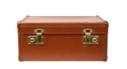 Vintage brown leather suitcase with brass clasps on a black background