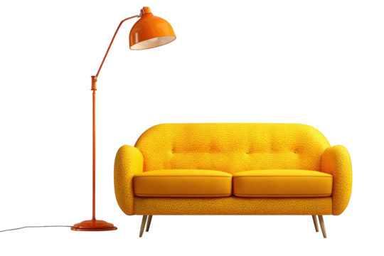 Orange lamp and yellow couch in a room