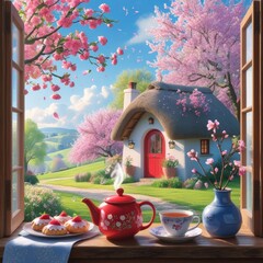 Cozy cottage with blossoms. View from window: tea table with teapot, steaming cup, pastries, strawberries.