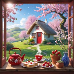 Cozy cottage with blossoms. View from window: tea table with teapot, steaming cup, pastries, strawberries.