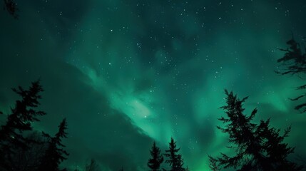 Naklejka premium Aurora Borealis Wallpaper: Glowing Green & Blue Northern Lights Over Arctic Night Sky