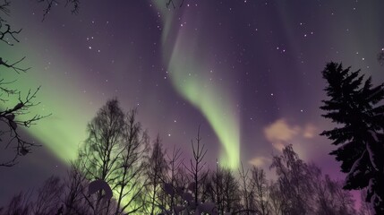 Naklejka premium Aurora Borealis Wallpaper: Glowing Green & Blue Northern Lights Over Arctic Night Sky