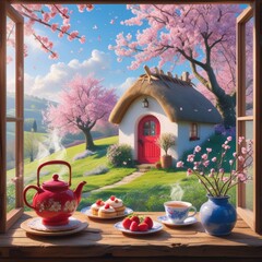 Cozy cottage with blossoms. View from window: tea table with teapot, steaming cup, pastries, strawberries.
