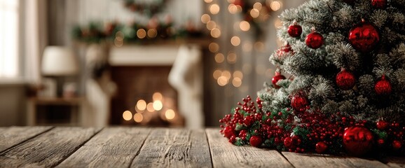 Christmas scene with a blurred living room background, a wooden table, a small Christmas tree, and red ornaments
