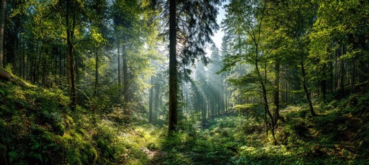Obraz premium Sun-dappled forest path through lush greenery