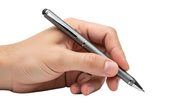 Close up of a hand holding a silver pen writing against a black background