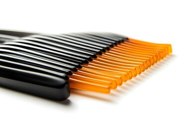 Detail of Black and Orange Hair Comb on White Background, Close Up, Macro