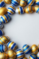 Gold and blue striped Easter eggs frame a blank space