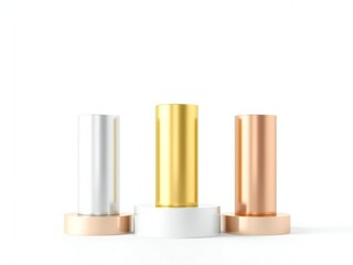 Three metallic cosmetic tubes with light wood bases on a white background