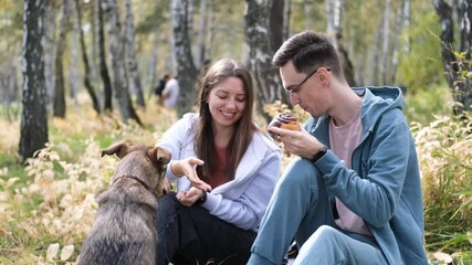 A cute couple is relaxing on a picnic in the autumn forest with their dog.