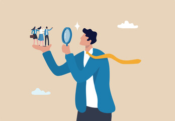 Analyze candidate, employee performance review, evaluation or analysis, choose recruitment applicants, staff or finding right person for job concept, businessman analyzing employee or job candidates.