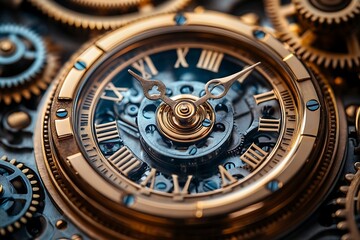Obraz premium Detailed Gold Watch Face with Visible Gears, Roman Numerals, Intricate Clock Hands