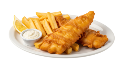 Delicious golden brown battered fish and chips served with tartar sauce and lemon wedges