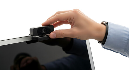 Hand adjusting a webcam on a laptop screen for video calls