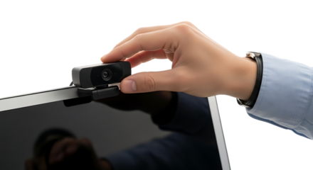 Hand adjusting a webcam on a laptop screen for video calls