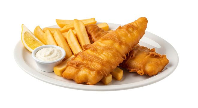 Delicious golden brown battered fish and chips served with tartar sauce and lemon wedges