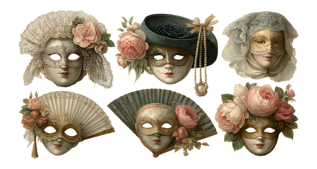Vintage Masks and Floral Accents on Transparent Background for Design Projects