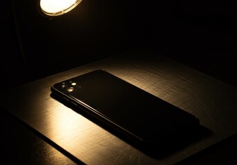 Black Smartphone on Wooden Surface Illuminated by Spotlight in Dark Environment